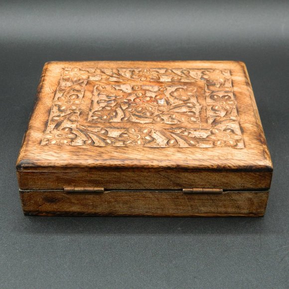 Carved Wood Box with Black Velveteen Lining - Picture 4 of 7